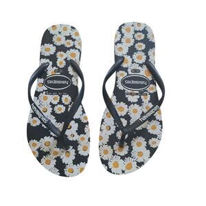 Havaianas Floral Daisy Flip Flops Womens 7/8 Black White Yellow Sandals